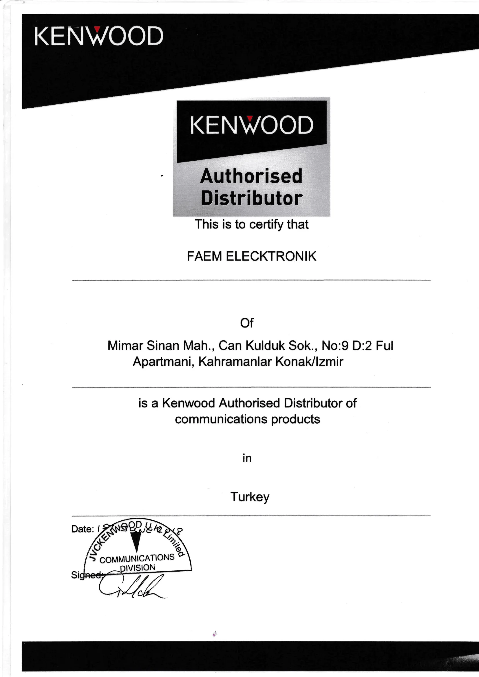 FAEM Elektronik Kenwood profesyonel haberleşme ürünleri yetkili distribütörlük belgesi