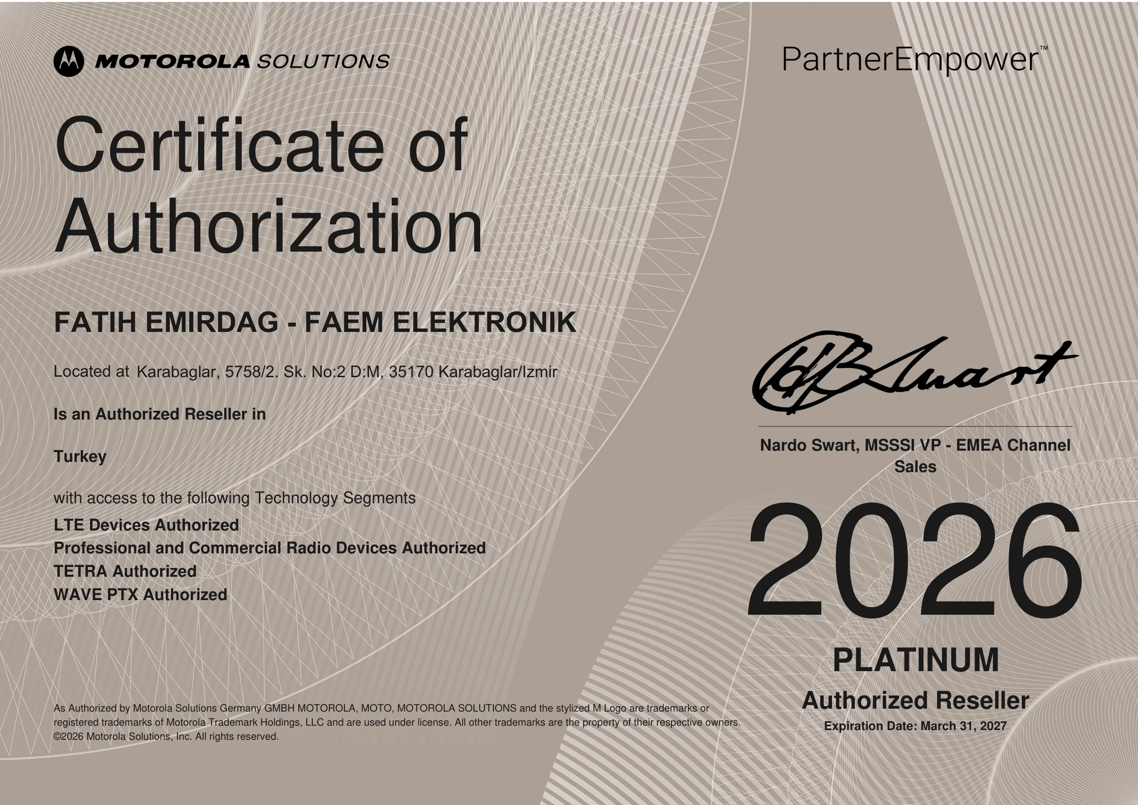 FAEM Elektronik Motorola Solutions PartnerEmpower 2026 Platinum Yetkili Satıcı belgesi