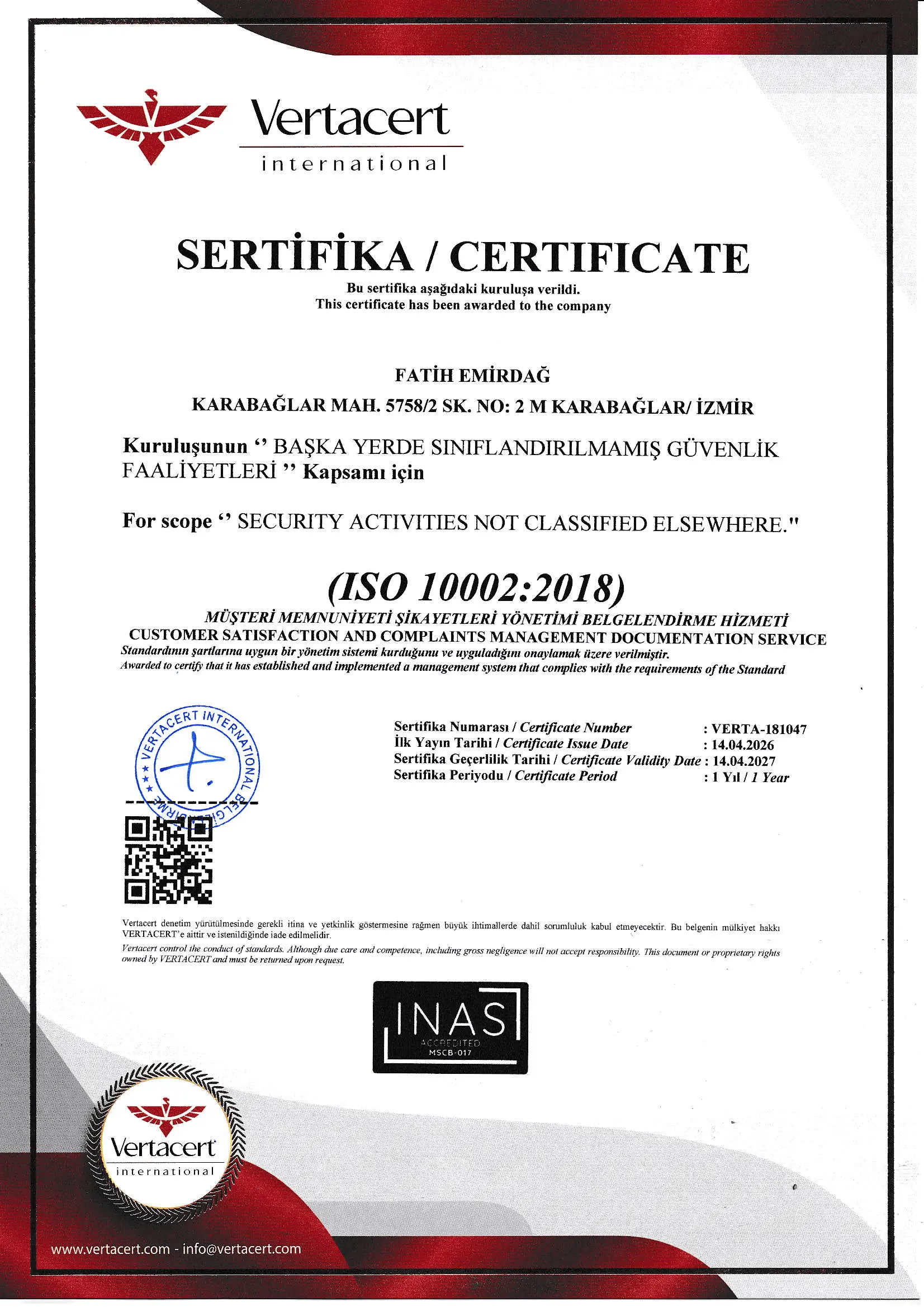 FAEM Elektronik ISO 10002:2018 Müşteri Memnuniyeti ve Şikâyet Yönetimi sertifikası