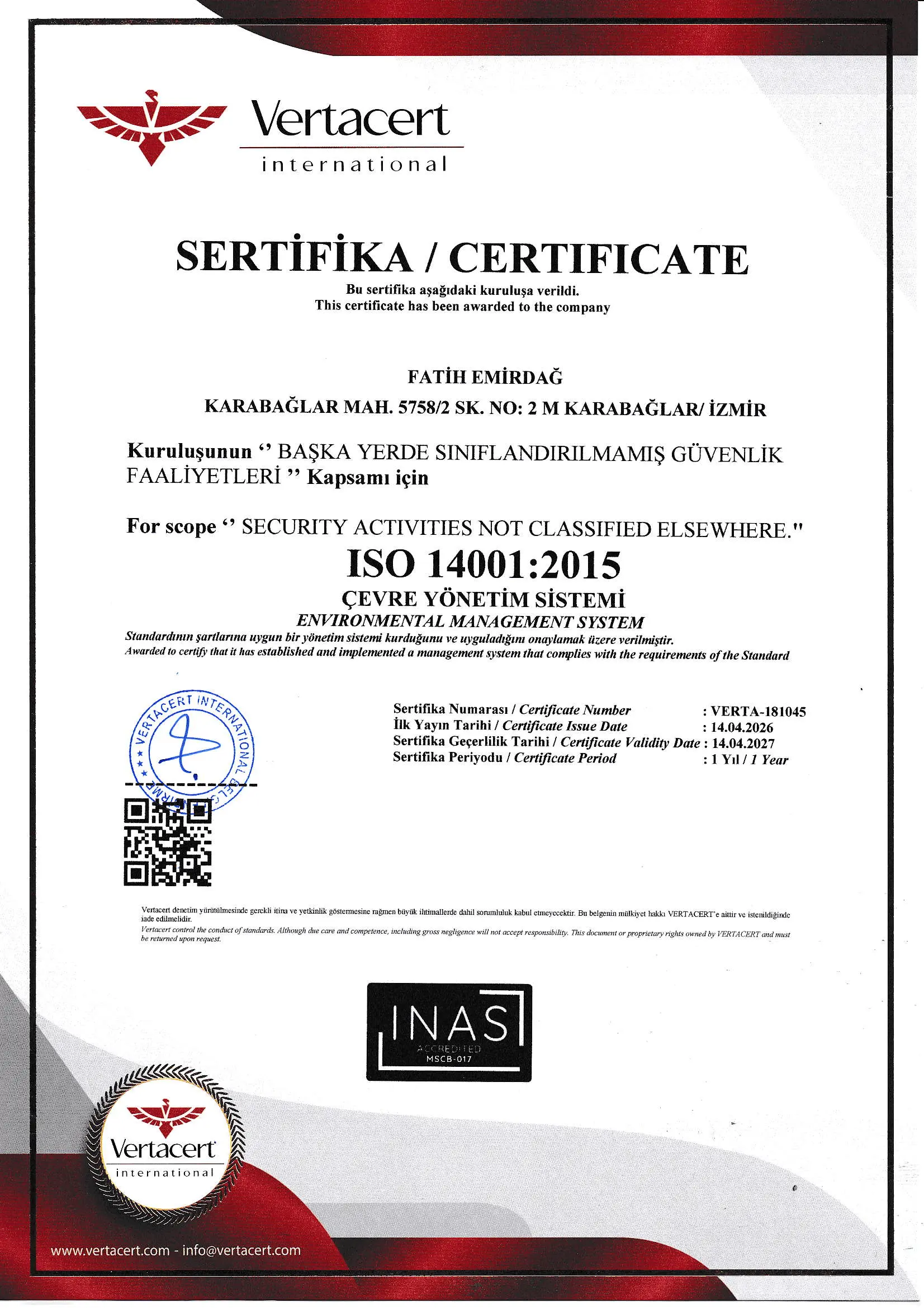 FAEM Elektronik ISO 14001:2015 Çevre Yönetim Sistemi sertifikası