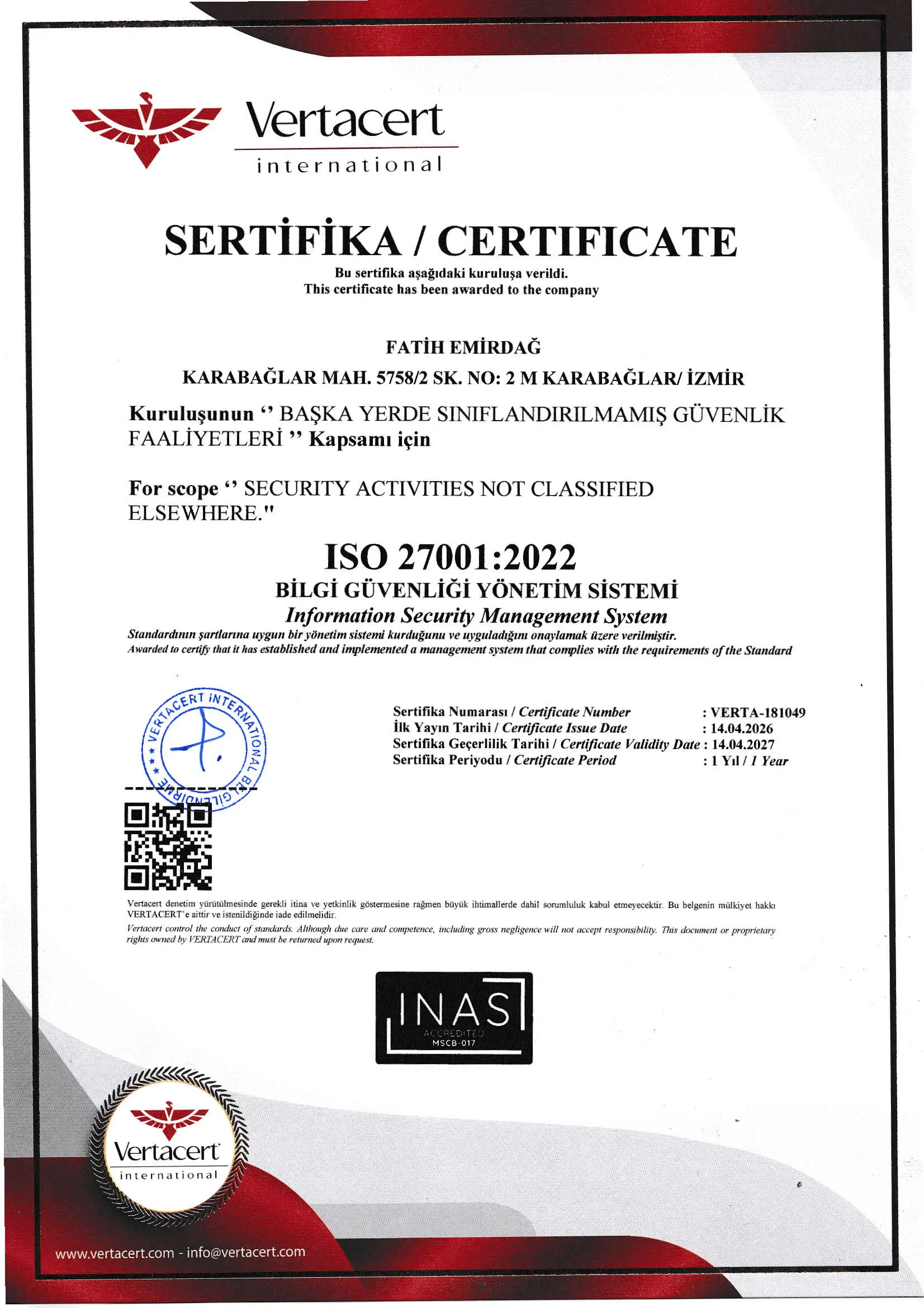 FAEM Elektronik ISO 27001:2022 Bilgi Güvenliği Yönetim Sistemi sertifikası