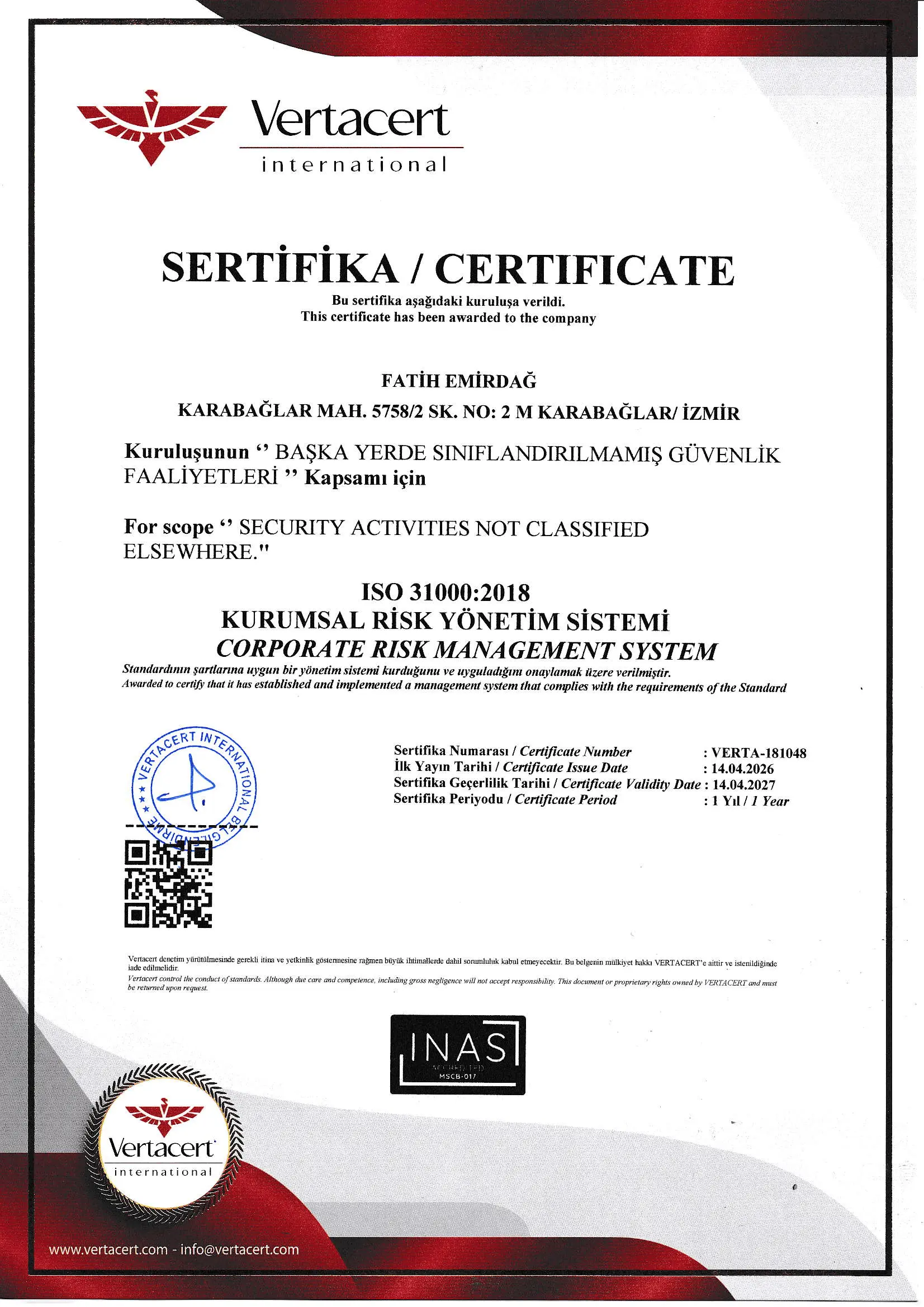 FAEM Elektronik ISO 31000:2018 Kurumsal Risk Yönetim Sistemi sertifikası