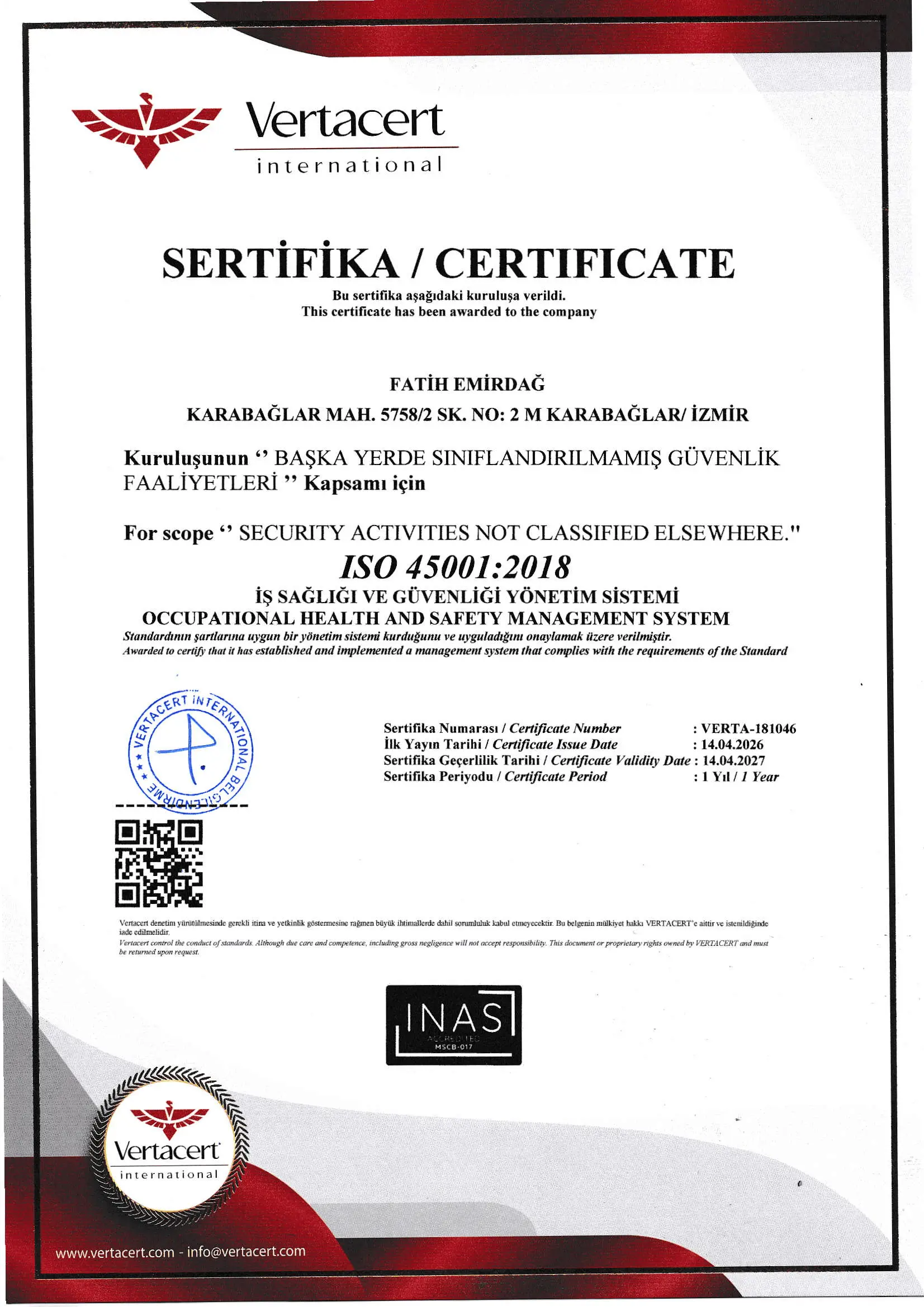 FAEM Elektronik ISO 45001:2018 İş Sağlığı ve Güvenliği Yönetim Sistemi sertifikası