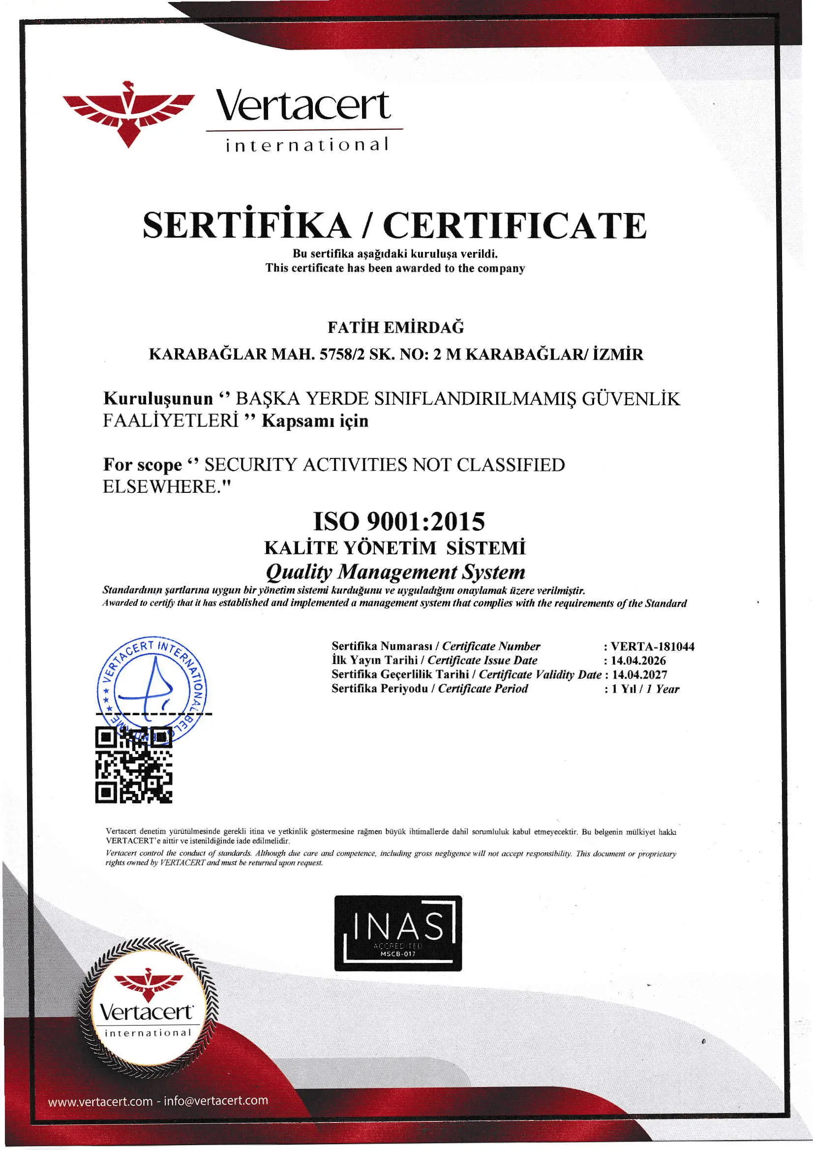 FAEM Elektronik ISO 9001:2015 Kalite Yönetim Sistemi sertifikası